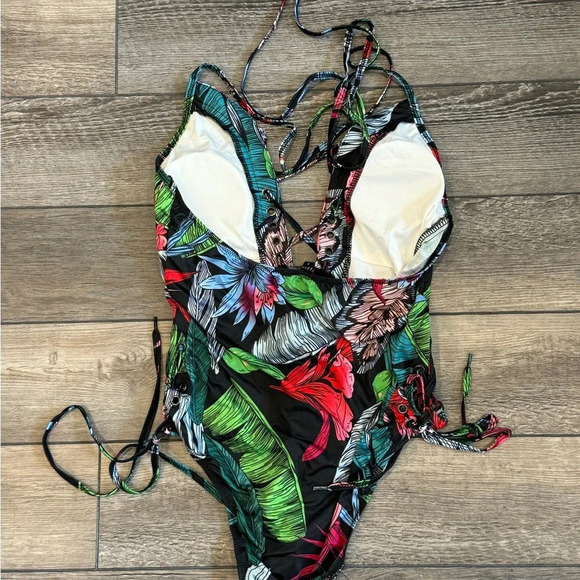 NWT Women Black Floral Deep V Neck Halter Plunging Backless One Piece Swimsuit - Picture 10 of 10